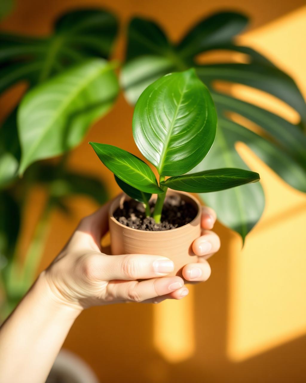 Hand holding a fresh potted plant