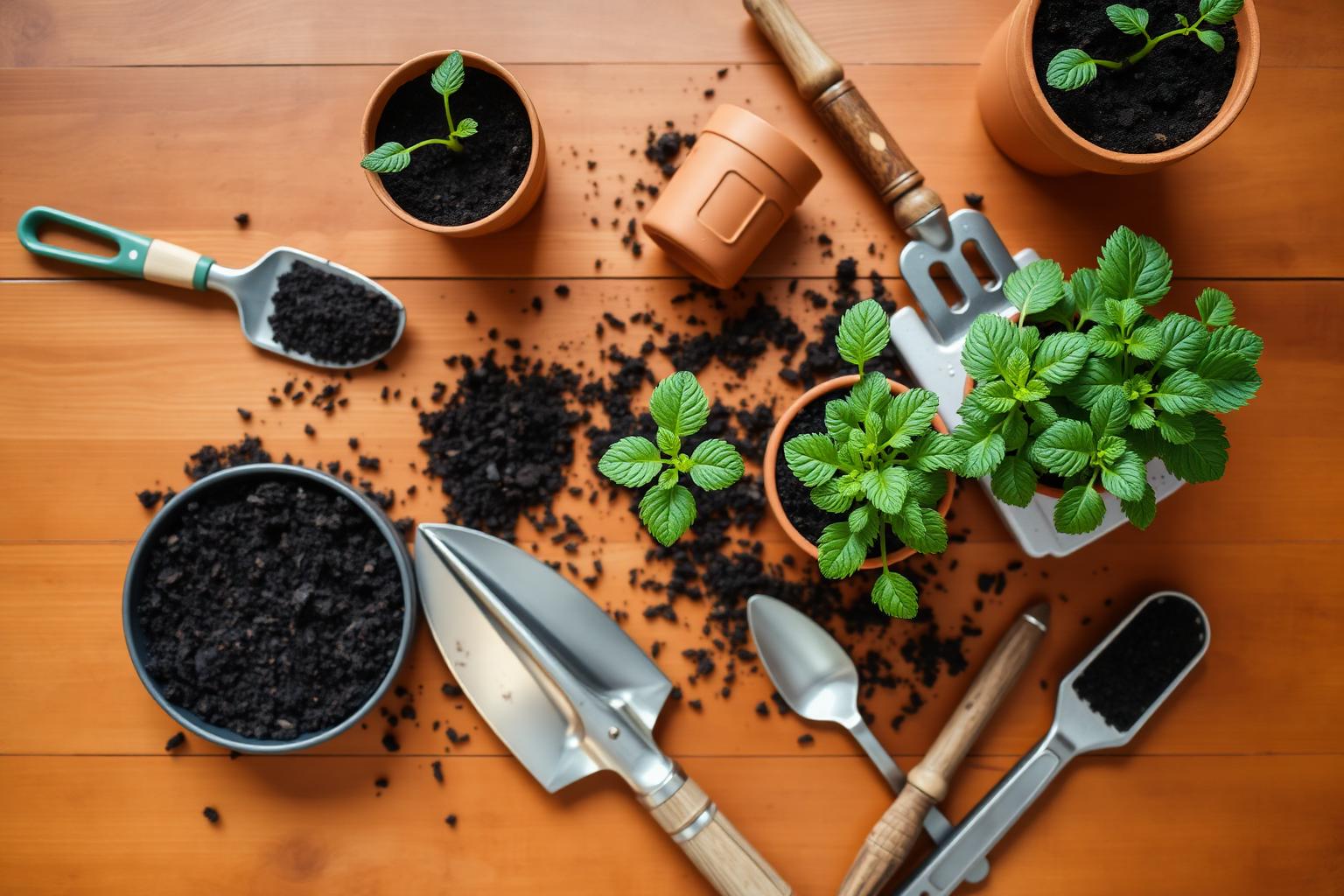 Beautifully arranged gardening tools, pots and seedlings